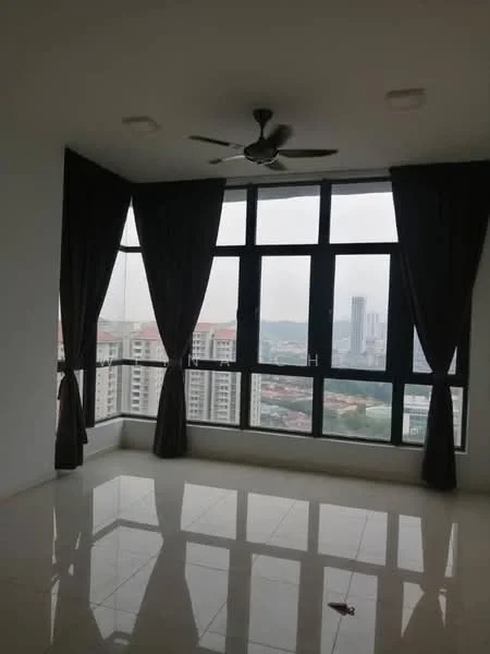 Living features: floor-to-ceiling windows, blackout curtains, 5-blade ceiling fan, white painted walls, glossy tile flooring, city view, corner window, recessed ceiling lights; style: modern; view: city.