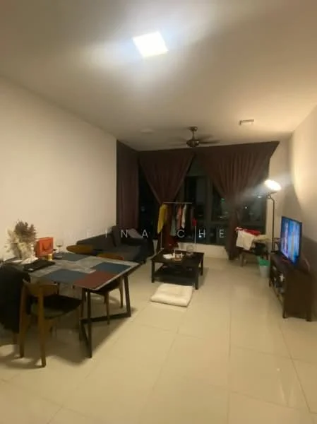 Living features: white painted walls, glossy tile flooring, 5-blade ceiling fan with light, sofa in dark color, coffee table, TV console, wall-mounted TV, area rug, dining table with chairs, decorative plants, floor lamp, curtains, decorative items on table; style: modern.