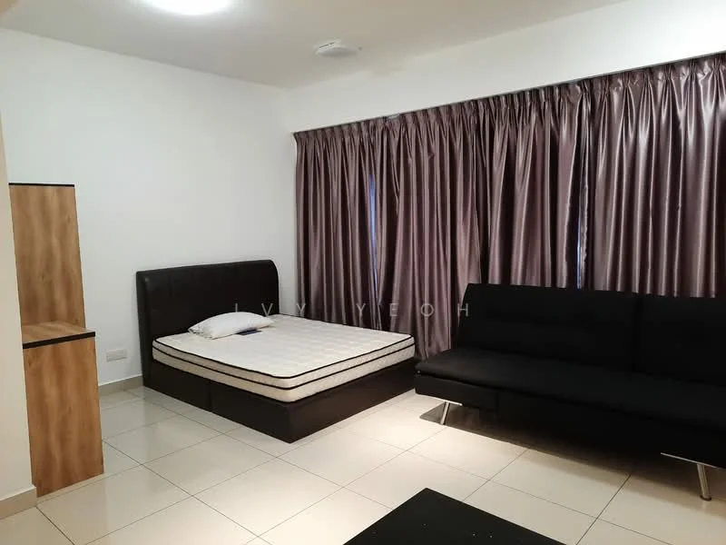 Bedroom features: queen-size bed with dark leather headboard, black fabric sofa, floor-to-ceiling windows with sheer curtains, cream painted walls, white ceiling, recessed downlights, tile flooring, wooden wardrobe, empty mattress on bed frame; style: modern.