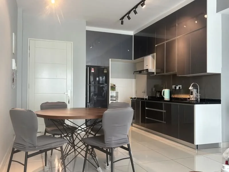 Kitchen features: black cabinetry, white countertop, stainless-steel sink, chrome pull-down faucet, built-in oven, stainless-steel fridge, ceramic tile flooring, recessed downlights, wall-mounted cabinets, open shelving, kitchen island, 4-burner gas hob, microwave; style: modern. Dining features: round dining table, 4 upholstered dining chairs; style: modern.