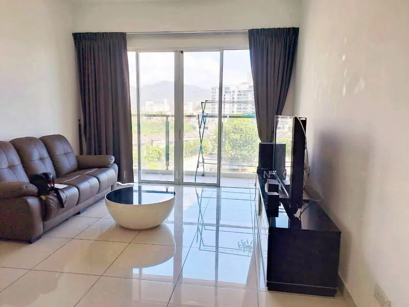 Living features: brown leather 3-seater sofa, white round coffee table, black TV console, wall-mounted TV, floor-to-ceiling windows, grey curtains, glossy tile flooring, mountain view; style: modern; view: mountain.