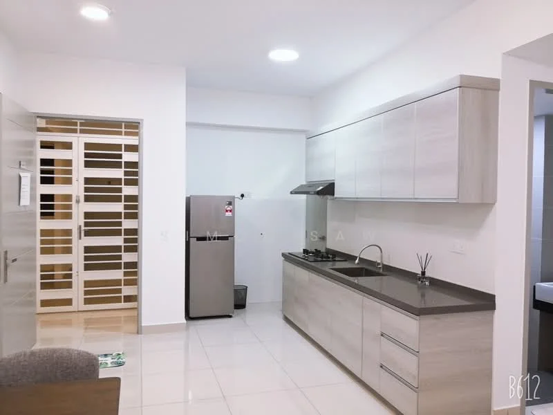 Kitchen features: light grey cabinetry, dark grey countertop, stainless-steel fridge, built-in gas stove, stainless-steel range hood, white tiled backsplash, white walls, recessed ceiling lights, ceramic tile flooring, open shelving, kitchen utensils on countertop; style: modern.