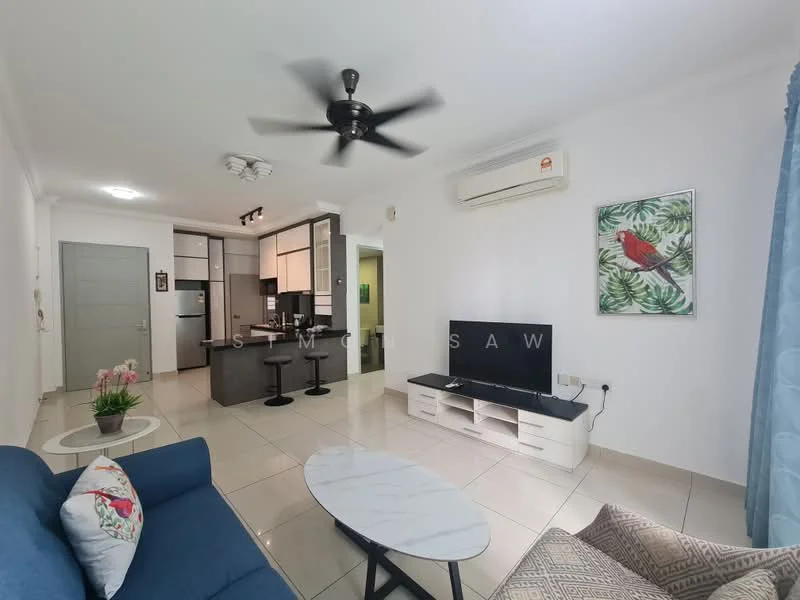 Living features: 3-seater fabric sofa in blue, coffee table with marble top, wall-mounted TV, TV console in white, ceiling fan with light, air conditioning unit, decorative wall art with bird motif, tile flooring, light blue curtains; style: modern. Kitchen features: kitchen island with bar stools, stainless-steel appliances, built-in oven, microwave, cabinets with wood finish, countertop with dark surface, open shelving, recessed lighting; style: modern.