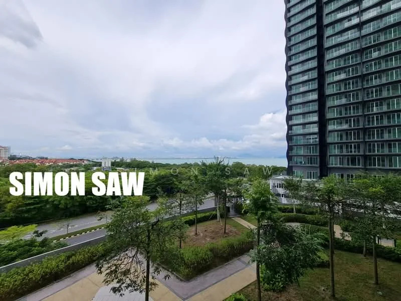 Exterior type: high-rise condominium; features: glass curtain wall, green landscaping with trees, manicured lawn, surrounding greenery, roadway visible, city skyline in background; style: modern.