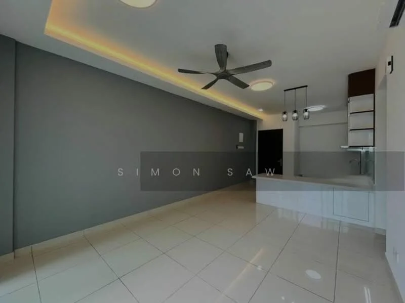 Living features: grey accent wall, white painted walls, recessed downlights, 5-blade ceiling fan with light, glossy tile flooring, open kitchen layout, kitchen island with seating, built-in cabinetry, countertop, floor-to-ceiling windows; style: modern.