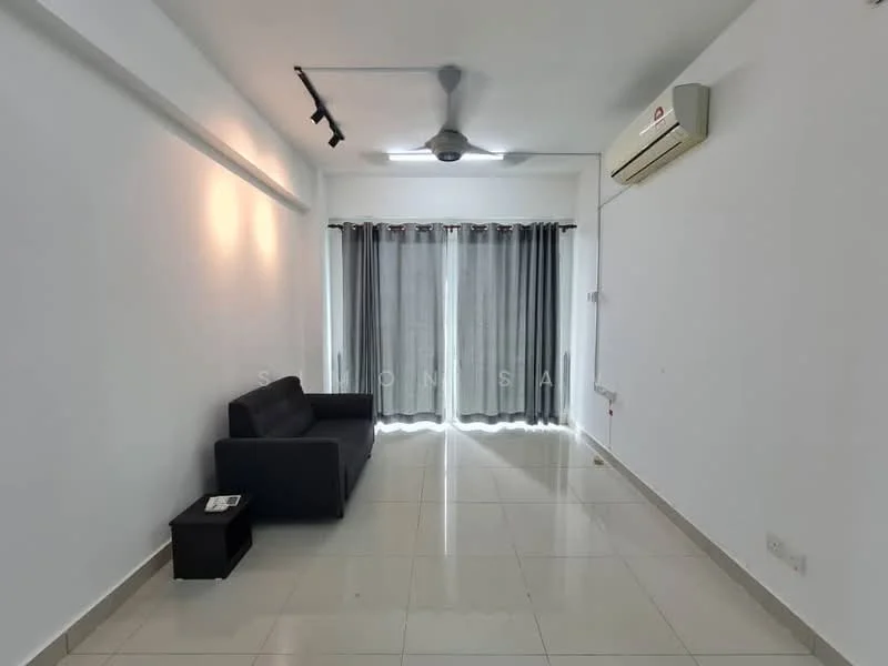 Living features: white painted walls, glossy tile flooring, 5-blade ceiling fan with light, sliding glass door, grey sheer curtains, black fabric sofa, small side table, wall-mounted air conditioning unit; style: modern.