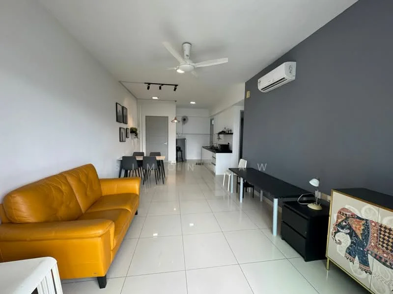 Living features: 3-seater leather sofa in orange, white tiled flooring, ceiling fan with light, wall-mounted air conditioning unit, recessed downlights, black TV console, dining table with 4 chairs, decorative wall art, grey accent wall, open layout to kitchen, large windows for natural light; style: modern.