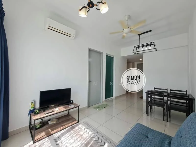 Living features: white painted walls, ceramic tile flooring, 5-blade ceiling fan with light, wall-mounted split AC, sofa in blue fabric, coffee table, TV console, wall-mounted TV, dining table for 4, pendant light fixture, area rug with geometric pattern, sliding door to hallway; style: modern.