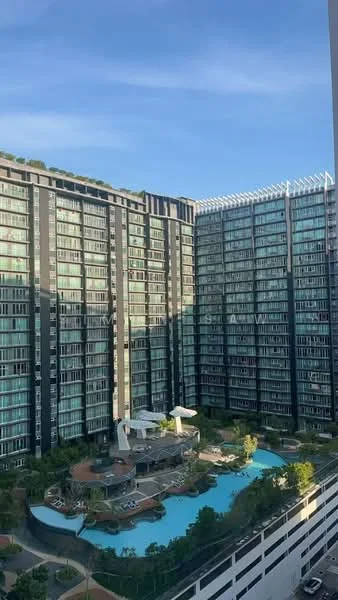 Exterior type: high-rise condominium; features: glass curtain wall, multiple recessed balconies, infinity pool, landscaped garden area, outdoor seating, manicured lawn, surrounding greenery, pool deck with loungers, children's playground; style: modern.