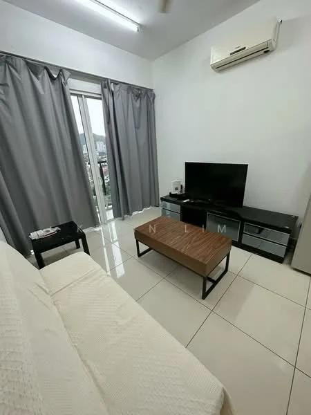 Living features: white painted walls, glossy tile flooring, 5-blade ceiling fan, wall-mounted air conditioning unit, floor-to-ceiling windows, grey curtains, light wood coffee table, black TV console, wall-mounted TV, decorative items on console; style: modern; view: city.