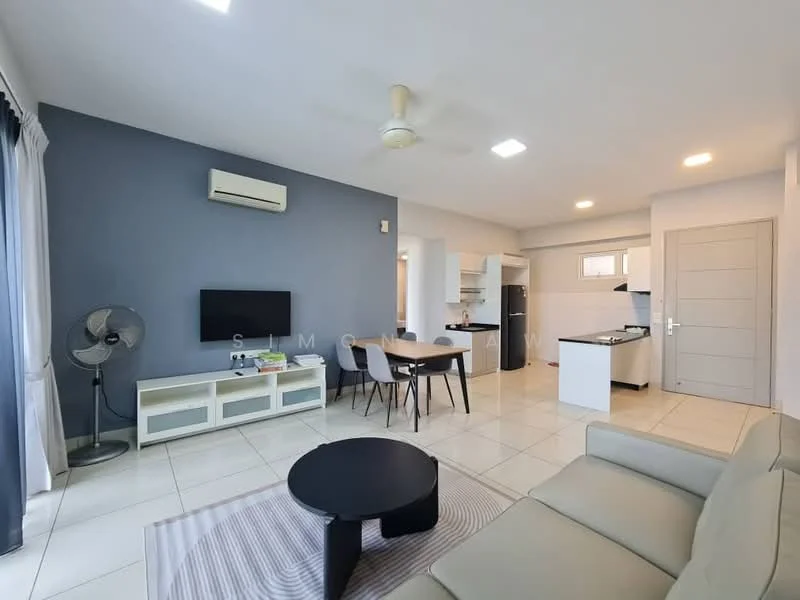Living features: light grey sofa, black coffee table, wall-mounted TV, ceiling fan, white tiled flooring, white curtains, grey accent wall, air conditioning unit, dining table with chairs, open kitchen layout; style: modern.