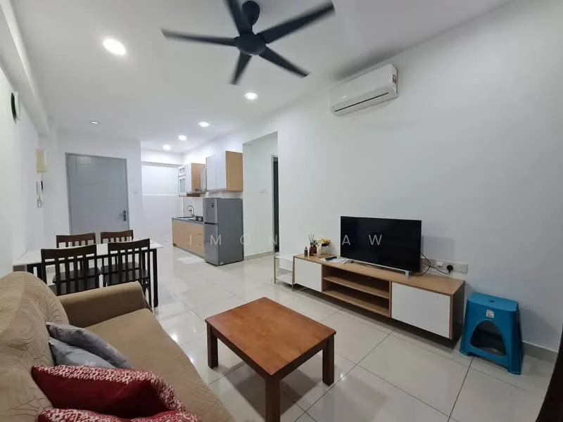 Living features: 3-seater fabric sofa in beige, wood coffee table, wall-mounted TV, TV console with storage, floor tiles, ceiling fan, wall-mounted split AC, decorative cushions, dining table with 4 chairs, open layout to kitchen, neutral wall color, windows with natural light; style: modern. Kitchen features: stainless-steel fridge, built-in kitchen cabinets, countertop with space for appliances, ceramic tile flooring, open layout to living area; style: modern.