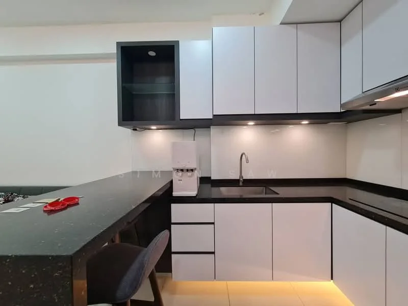 Kitchen features: black granite countertop, white flat-panel cabinets, stainless-steel sink, chrome pull-down faucet, built-in water dispenser, open shelving, bar counter with seating, recessed lighting, tile flooring; style: modern.