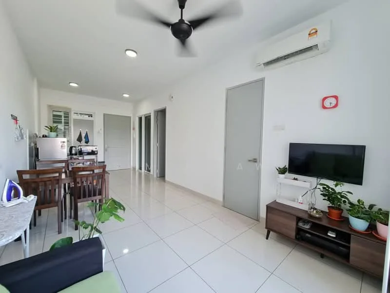 Living features: white painted walls, glossy tile flooring, 5-blade ceiling fan, wall-mounted TV, TV console, sofa in green, coffee table, decorative plants, air conditioning unit, natural light from windows, open layout, dining area adjacent; style: modern. Dining features: 4-seater wooden dining table, wooden dining chairs, refrigerator, kitchenette area, open shelving; style: modern.