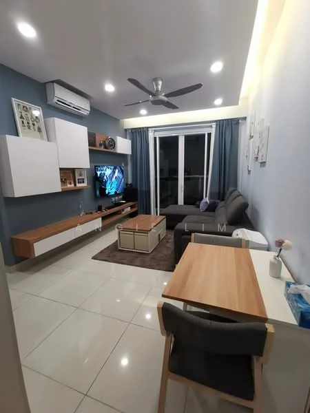 Living features: grey fabric sofa, 3-seater sofa, coffee table, TV console, wall-mounted TV, area rug, white wall-mounted shelves, wooden sideboard, recessed LED downlights, ceiling fan, floor-to-ceiling windows with sheer curtains, light blue accent wall, white tiled flooring, decorative wall art; style: modern.
