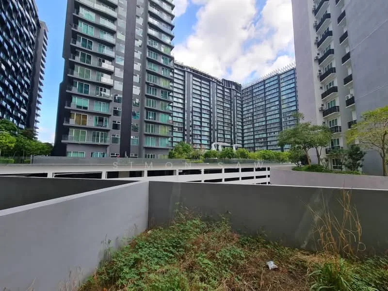 Exterior type: high-rise condominium; features: multiple high-rise buildings, glass curtain wall, balconies on upper floors, landscaped garden area, manicured lawn, parking deck, surrounding greenery, modern architectural design; style: modern.