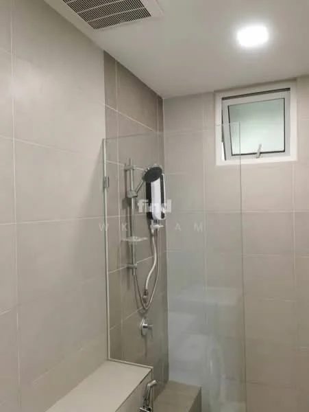 Bathroom features: shower with glass enclosure, wall-mounted shower head, built-in bathtub, tile cladding on walls, light-colored ceramic tile flooring, small window for ventilation, recessed ceiling lights, chrome faucet, vanity with storage, toilet, heated towel rail; style: modern.