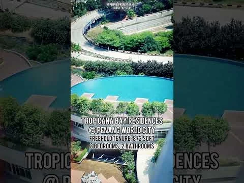 Exterior type: high-rise condominium; features: infinity pool, pool deck with loungers, landscaped garden, surrounded by greenery, water feature, road access, urban context; style: modern.