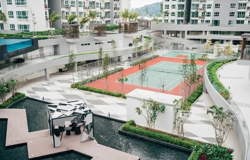Exterior type: high-rise condominium; features: infinity pool, tennis court, landscaped garden, water feature with seating area, manicured lawn, surrounding greenery, multi-level design, outdoor seating pavilion; style: modern.