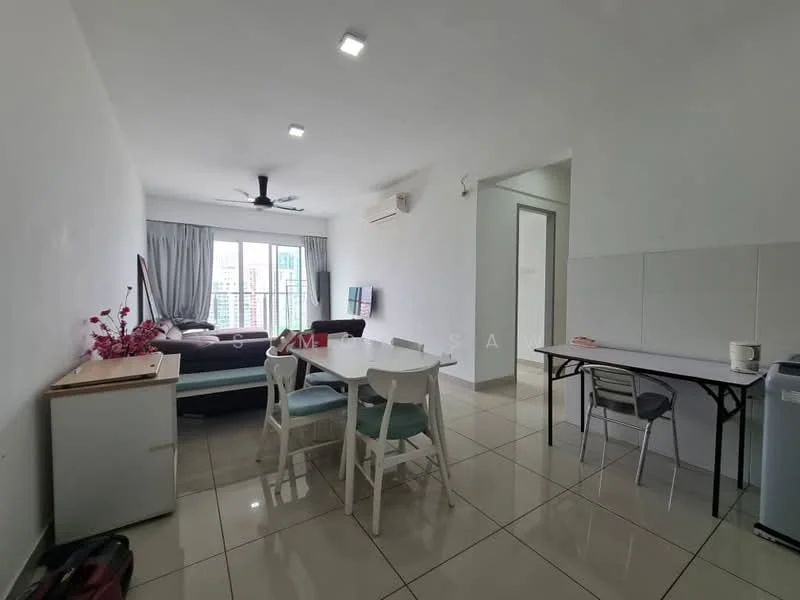 Living features: white painted walls, glossy ceramic tile flooring, 5-blade ceiling fan with light, floor-to-ceiling windows, curtains, sofa in dark color, coffee table, TV console, wall-mounted TV, area rug, dining table with 4 chairs, refrigerator, dining area adjacent to living area; style: modern; view: city.