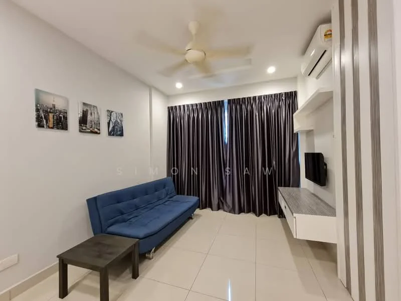 Living features: blue fabric sofa, black coffee table, wall-mounted TV, white TV console, recessed downlights, 5-blade ceiling fan, air conditioning unit, floor-to-ceiling windows with blackout curtains, glossy tile flooring, framed artwork on walls; style: modern.