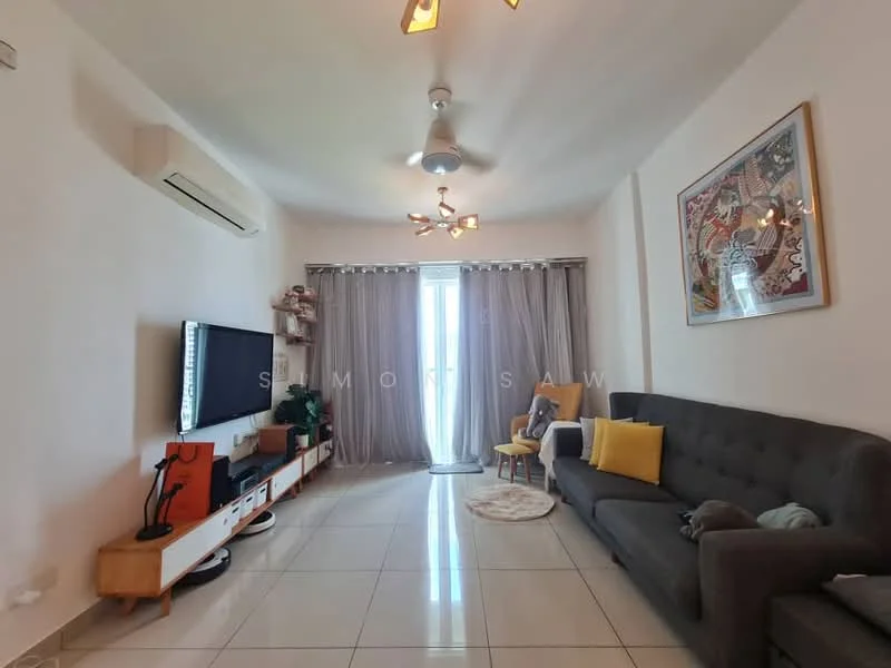 Living features: grey fabric sofa, yellow accent pillow, wooden TV console, wall-mounted TV, ceiling fan with light, recessed downlights, floor-to-ceiling windows, sheer curtains, sliding glass door, marble tile flooring, decorative artwork on wall, area rug; style: modern.