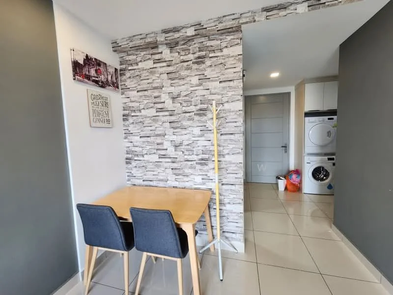 Dining features: wooden dining table with two chairs, grey accent wall, stone feature wall, white tiled flooring, recessed ceiling lights, laundry area visible in background, stackable washer and dryer, white cabinetry, neutral color palette; style: modern.