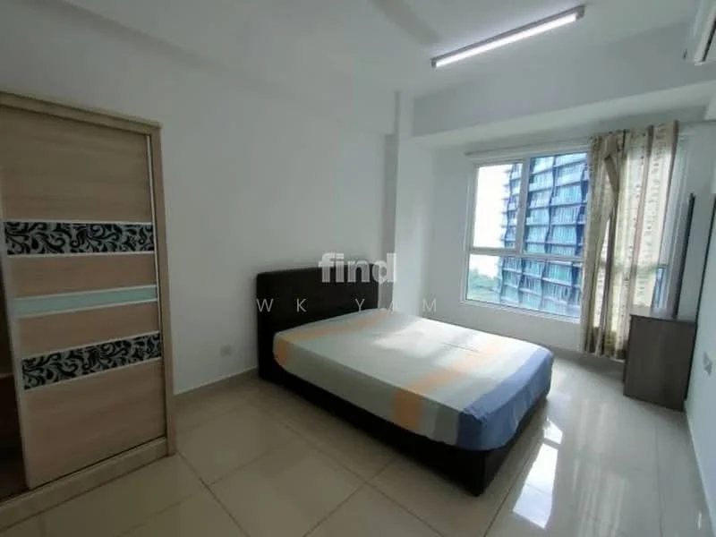 Bedroom features: queen-size bed with multicolored bedding, wooden wardrobe with sliding doors, floor-to-ceiling window, curtains, wall-mounted TV, cream painted walls, glossy tile flooring, 1 wall-mounted split AC, recessed ceiling lights; style: modern; view: city.