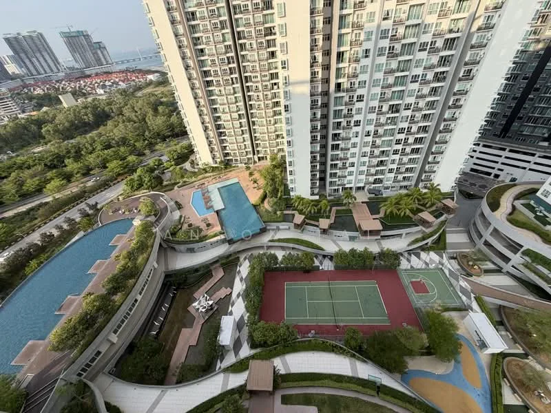 Exterior type: high-rise condominium; features: infinity pool, lap pool, tennis court, landscaped gardens, outdoor seating areas, walking paths, palm trees, manicured lawns, children's playground, BBQ pit, pool deck with loungers; style: modern.