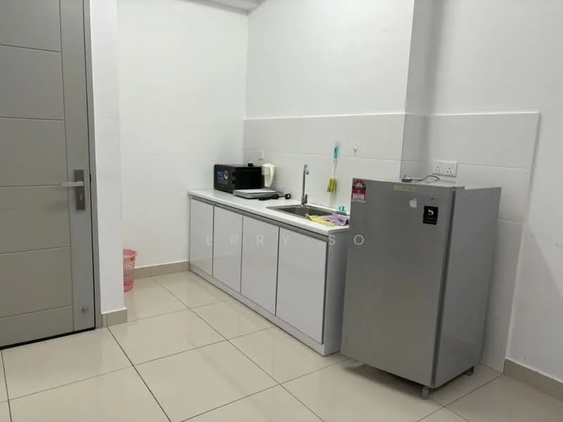 Kitchen features: white cabinetry, single-bowl stainless-steel sink, chrome pull-down faucet, black microwave, stainless-steel fridge, countertop with white surface, ceramic tile flooring, white tiled backsplash, wall-mounted kitchen utensils, recessed lighting; style: modern.