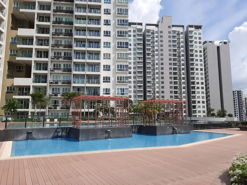 Exterior type: high-rise condominium; features: swimming pool, pool deck with loungers, landscaped garden area, multiple high-rise buildings, glass curtain wall facade, manicured lawn, palm trees, outdoor seating area; style: modern.