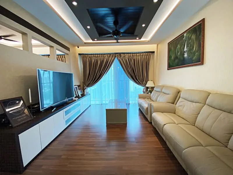 Living features: light brown leather sofa, coffee table, wall-mounted TV, white TV console, wooden flooring, recessed ceiling lights, 5-blade ceiling fan, floor-to-ceiling windows, sheer curtains, decorative painting, accent wall with textured finish; style: modern; view: city.