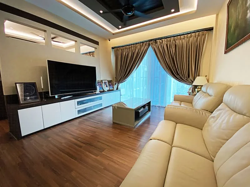 Living features: 3-seater leather sofa in cream, coffee table with glass top, TV console with built-in storage, wall-mounted flat-screen TV, floor-to-ceiling windows, sheer curtains, dark wood flooring, recessed downlights, ceiling fan with light, decorative wall art; style: modern; view: city.