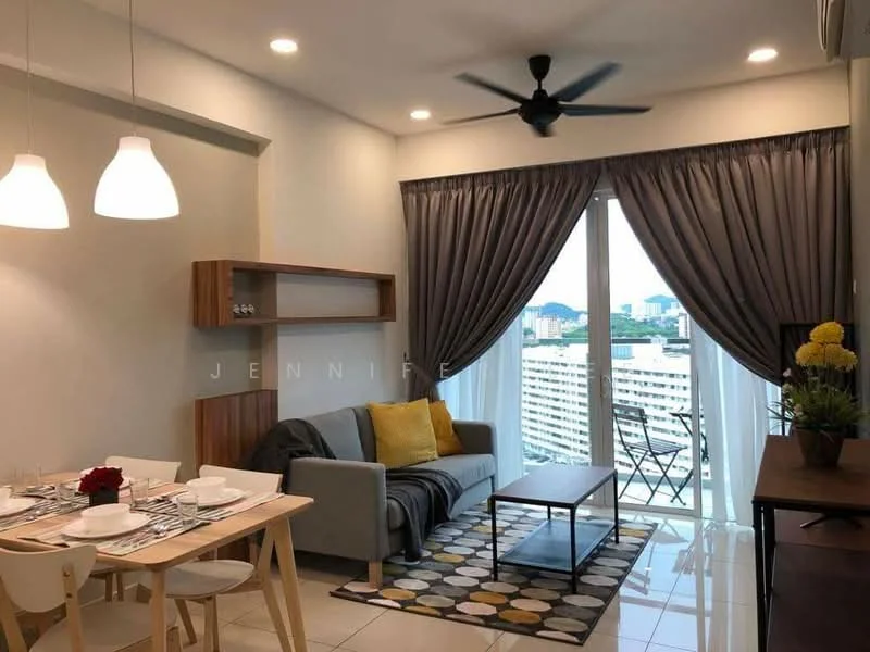 Living features: 3-seater fabric sofa in grey, coffee table, area rug with geometric pattern, floor-to-ceiling windows, curtains in grey, 5-blade ceiling fan with light, wooden shelving unit, decorative plant in ceramic pot, TV console, dining table for 4 with white plates and cutlery; style: modern; view: city.