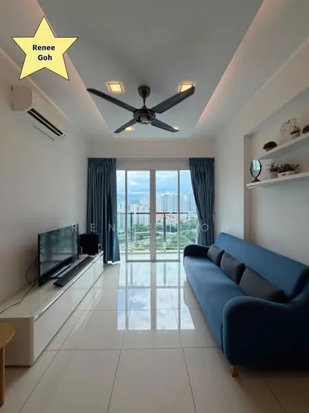 Living features: 3-seater fabric sofa in blue, white TV console, wall-mounted TV, ceiling fan with light, recessed downlights, floor-to-ceiling windows, curtains in dark blue, glossy white tile flooring, decorative shelf with items, view of city skyline; style: modern; view: city.