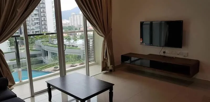 Living features: floor-to-ceiling windows, sliding glass door, curtains, wall-mounted TV, TV console, coffee table, sofa, tile flooring, neutral wall color, decorative wall, view of swimming pool, view of landscaped area; style: modern; view: pool.