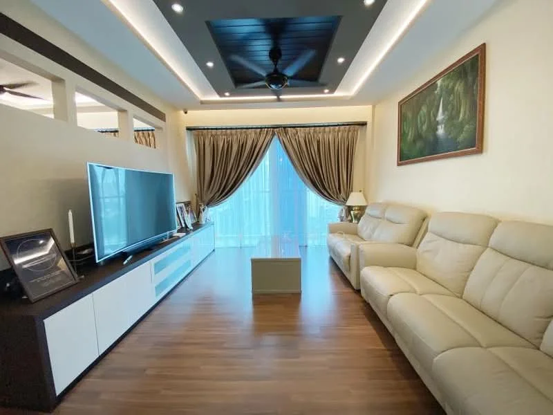 Living features: 3-seater leather sofa in beige, coffee table, wall-mounted TV, TV console with white cabinetry, wooden flooring, recessed downlights, ceiling fan with light, floor-to-ceiling windows with sheer curtains, decorative painting on wall, decorative lamp, framed photographs, draped curtains in beige; style: modern.