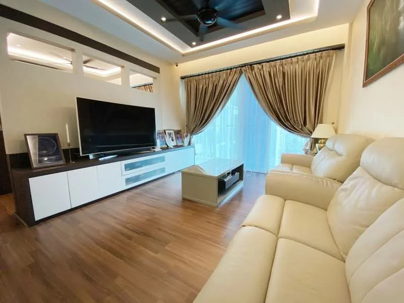 Living features: 3-seater leather sofa in cream, coffee table with glass top, wall-mounted TV, white media console, wooden flooring, recessed downlights, ceiling fan with light, floor-to-ceiling windows, sheer curtains, decorative wall art, framed photographs; style: modern.