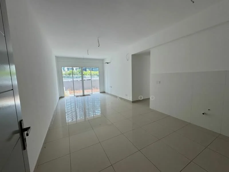 Room features: white painted walls, glossy tile flooring, floor-to-ceiling windows, sliding glass door, natural light, ceiling lights, open layout, no visible furniture; style: modern; view: garden.