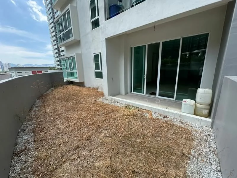Room features: concrete flooring, glass sliding doors, exposed concrete walls, gravel landscaping, dry grass, outdoor space, view of city skyline, no visible furniture or decor; style: modern; view: city.