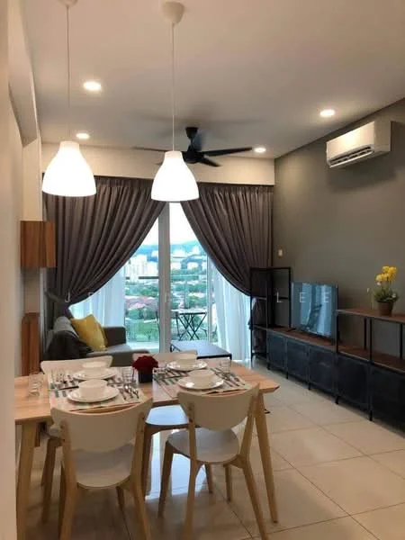 Living features: floor-to-ceiling windows, grey accent wall, white painted walls, recessed downlights, 5-blade ceiling fan with light, sofa with yellow cushion, TV console, wall-mounted TV, dining table with 4 chairs, decorative flowers, curtains, tiles flooring, air conditioning unit; style: modern; view: city.