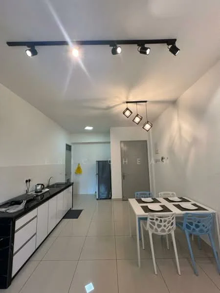 Kitchen features: black and white cabinetry, stainless-steel sink, chrome pull-down faucet, built-in oven, freestanding fridge, ceramic tile flooring, recessed downlights, track lighting with pendant lights, white walls, dining table with four chairs; style: modern.