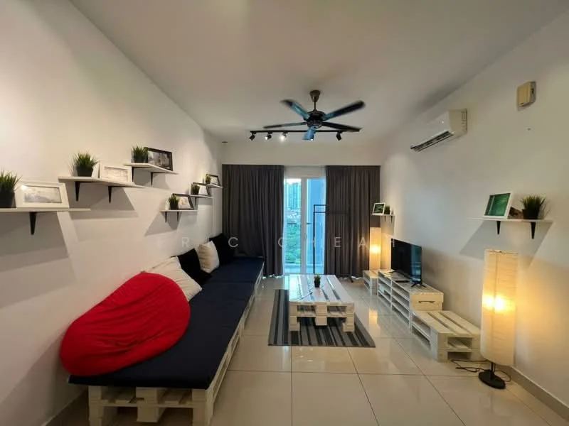 Living features: 3-seater fabric sofa in navy blue, red bean bag, wooden coffee table, TV console, wall-mounted TV, floor lamp, shelves with decorative plants, sliding glass door, floor-to-ceiling windows, curtains, recessed downlights, 1 wall-mounted split AC, polished tile flooring, white painted walls; style: modern; view: city.