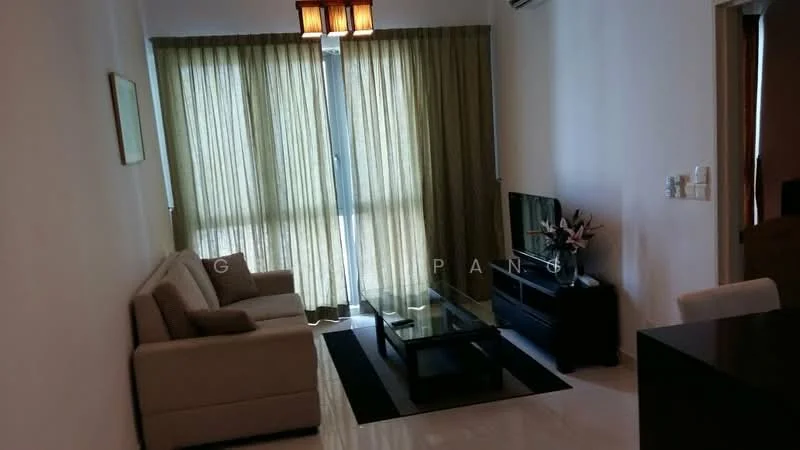 Living features: 3-seater fabric sofa in beige, glass coffee table, TV console, wall-mounted TV, area rug, floor-to-ceiling windows, sheer curtains, recessed downlights, cream painted walls, polished tile flooring; style: modern.