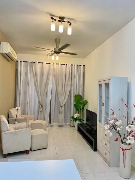 Living features: white painted walls, glossy tile flooring, 5-blade ceiling fan with light, recessed downlights, floor-to-ceiling windows, sheer curtains, 2 beige armchairs, black TV console, wall-mounted TV, decorative plant, decorative vase with flowers; style: modern.