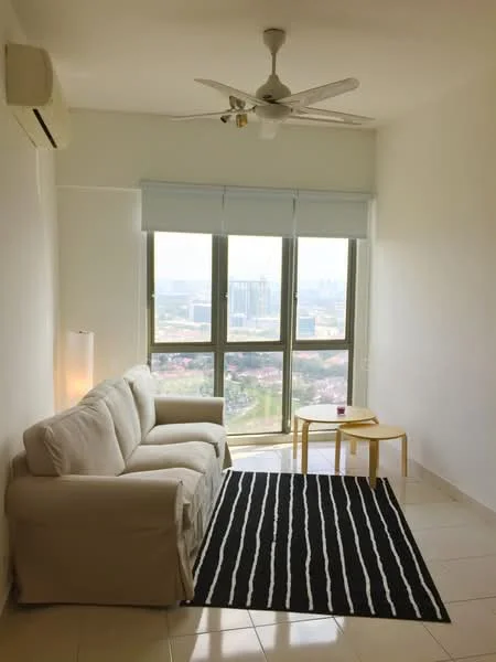 Living features: 3-seater fabric sofa in white, coffee table in yellow, area rug with black and white stripes, floor-to-ceiling windows, city view, wall-mounted split AC, ceiling fan with light, white painted walls, tile flooring; style: modern; view: city.