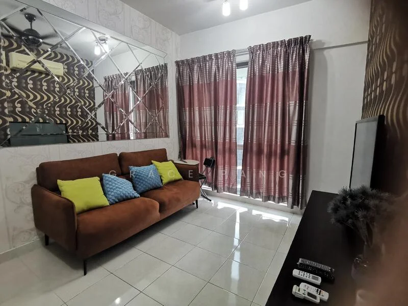 Living features: 3-seater fabric sofa in brown, decorative cushions in yellow and blue, white tiled flooring, mirrored wall panel, curtains in burgundy, ceiling fan, wall-mounted TV console, remote controls on table, decorative plant, desk chair; style: modern.