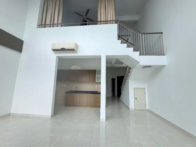 Living features: white painted walls, tile flooring, 5-blade ceiling fan, wall-mounted split AC, staircase with wooden railing, large windows with sheer curtains, open layout, kitchen area with beige cabinetry; style: modern.