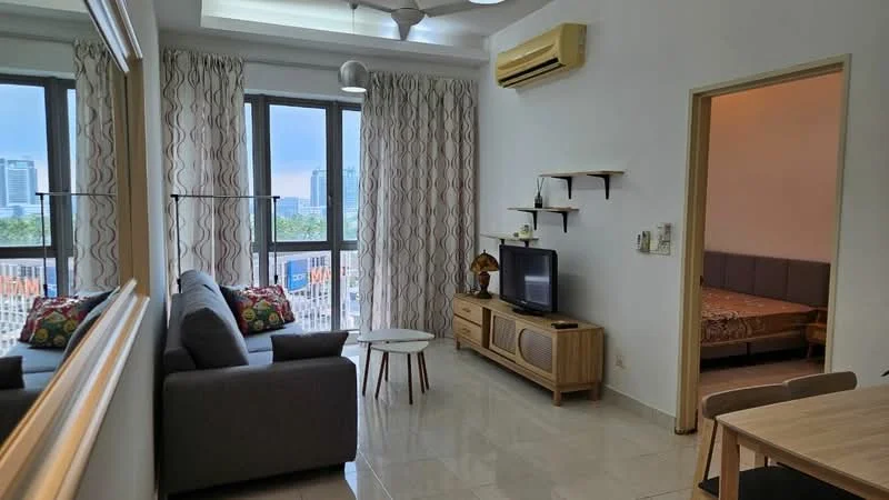 Living features: 3-seater fabric sofa in grey, coffee table, wall-mounted TV, TV console with wooden finish, floor-to-ceiling windows, sheer curtains, ceiling fan, recessed downlights, marble tile flooring, decorative mirror, wall-mounted shelves; style: modern; view: city. Room features: doorway leading to bedroom, light-colored walls, wooden door.