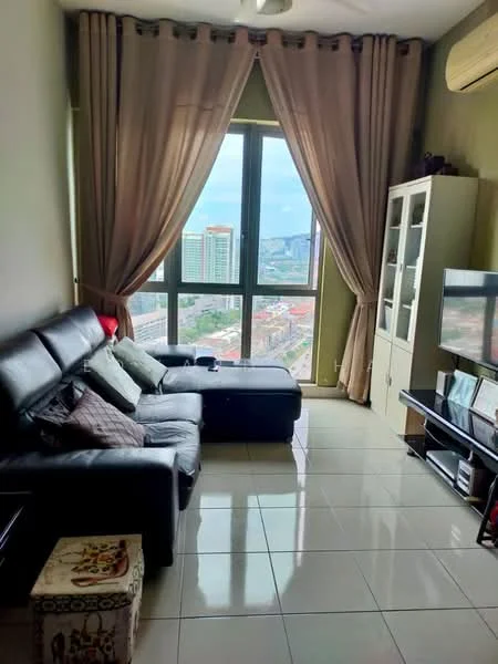 Living features: black leather sectional sofa, decorative cushions, coffee table, TV console, wall-mounted TV, floor-to-ceiling windows, sheer curtains, cream painted walls, glossy tile flooring, air conditioning unit, city view; style: modern; view: city.